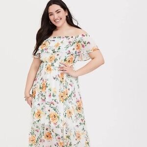 Torrid Floral Butterfly Off-Shoulder Chiffon Maxi Dress- 2x